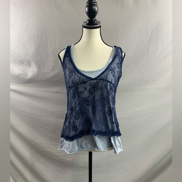 Donna Karen Layered Look Lace Tank Top Blue - Picture 3 of 8